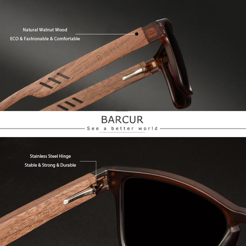 BARCUR Men's Sunglasses for Men Brand Designer Natural Walnut Wood Sun Glasses Women Polarized Eyewear UV400 Eyewear Oculos